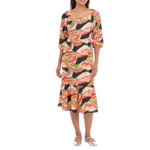 Michelle McDowell Midi Dress  Smocked Waist Tiered Ruffle Abstract Print M
